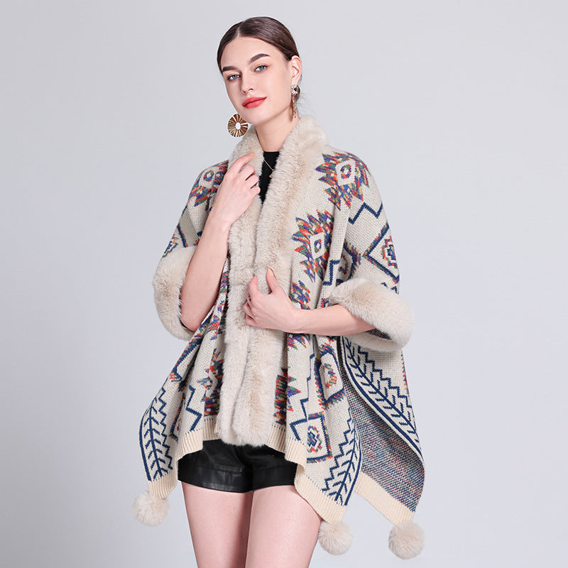 Fur Ball Shawl Cape Cloak