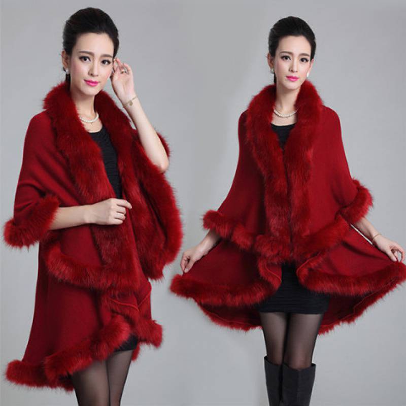 Faux Fox Fur Collar Cape Shawl