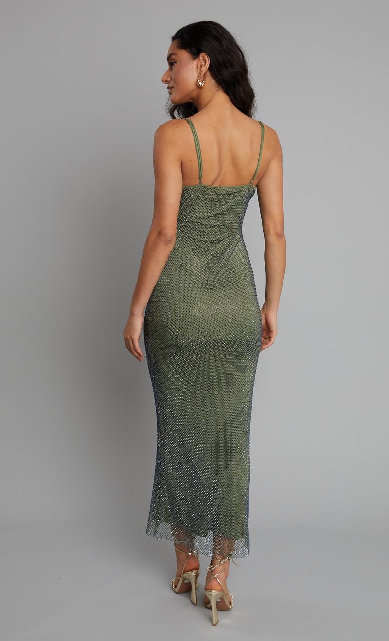 Khaki Diamante Mesh Maxi Dress