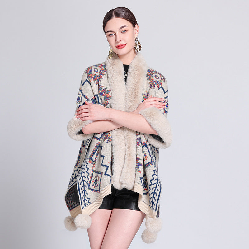 Fur Ball Shawl Cape Cloak