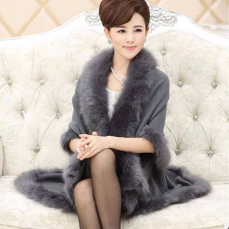 Faux Fox Fur Collar Cape Shawl